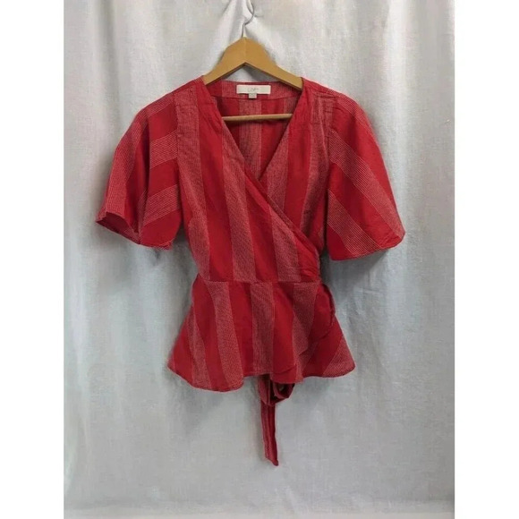 Loft Tops - Loft red with white striped wrap around blouse, women's size extra small F3